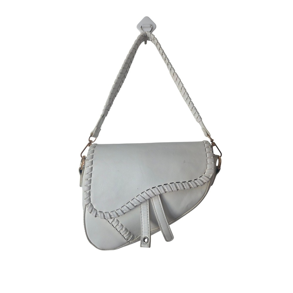 White Saddle Bag Shoulder Bag Woven Trim Top Handle